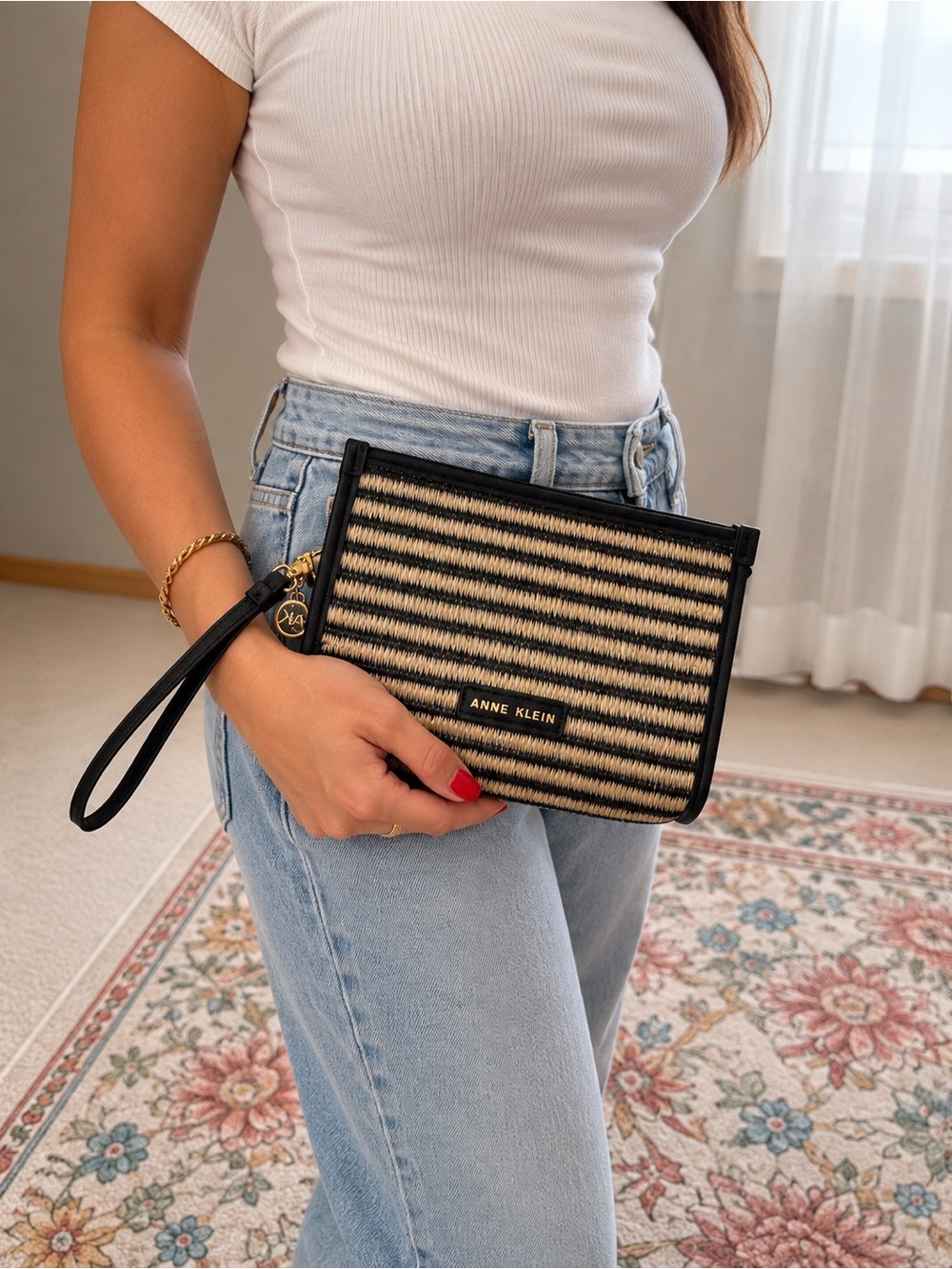 Anne Klein Black & Natural Striped Wristlet